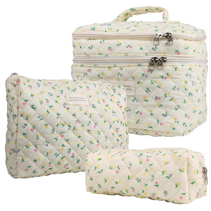 Quilted Floral Makeup Bag Set 3PCS Large Capacity Dual Layer Cotton Cosmetic Bags Coquette Aesthetic Travel Toiletry Organizer Gift for Women Girls Blue Rose Pink