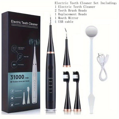 Electric Teeth Cleaner Kit USB Rechargeable – 5 Cleaning Modes Dental Scaler Plaque Tartar Remover Gum Health Tool for Adults Family Holiday Gift Set Black White Green