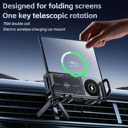 Car Mount with Wireless Fast Charging for iPhone 8/X/11/12/13/14/15 Series, for SamSung Note20/10/9/8 Series, S10/9/8 Series, for Fold 5, Fold 6, W23/W24 - Supports Folding Screens, Wireless Charging Output up to 15W (MAX)