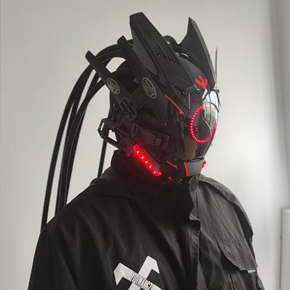 LED Cyberpunk Samurai Mask with Braids – Futuristic Sci-Fi Mechanical Face Mask for Halloween, Cosplay, Music Festival & Rave Party, Blue Green Pink, Free Helmet Included, Adult Gift