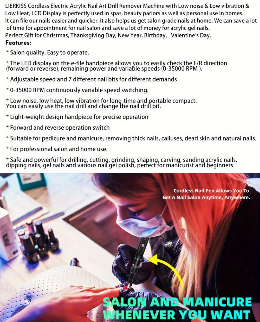 Nail Drill Machine 35000 RPM LCD Display Rechargeable Portable Electric Nail File with Forward Reverse Rotation Low Noise – Professional Nail Grinder for Gel Acrylic Natural Nails Manicure Pedicure Home Salon