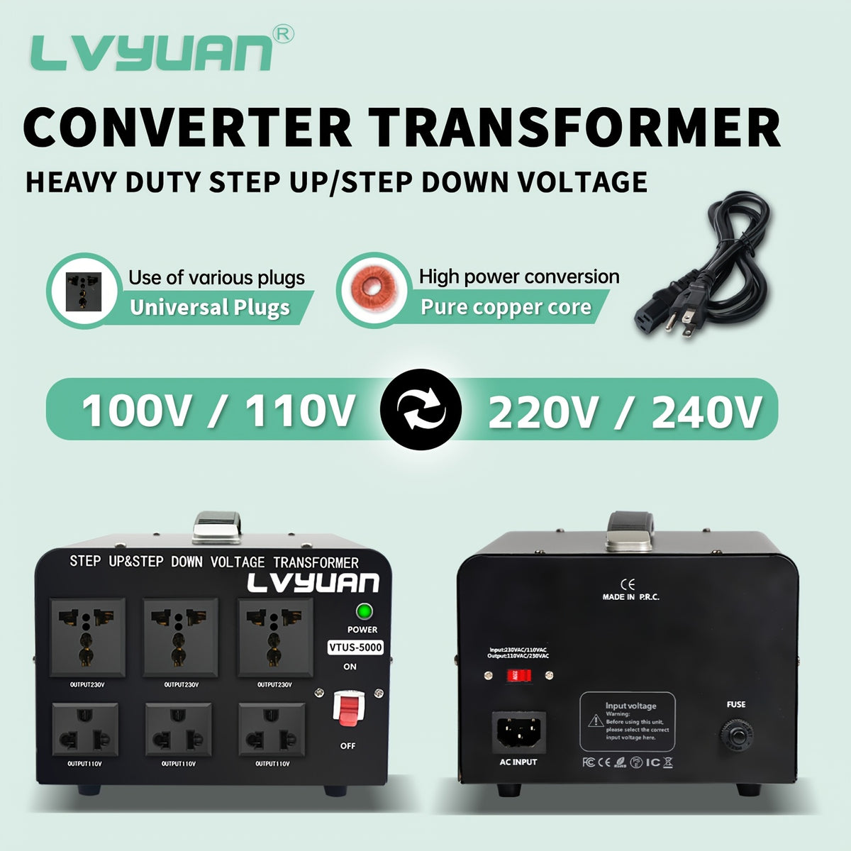 Boost/Buck, 3000VA/5000VA Peak Voltage Converter, 110V And 220V Voltage Converter With US Outlet, Universal Outlet, Circuit Breaker (needs To Be Connected To Electricity For Use), Without Battery