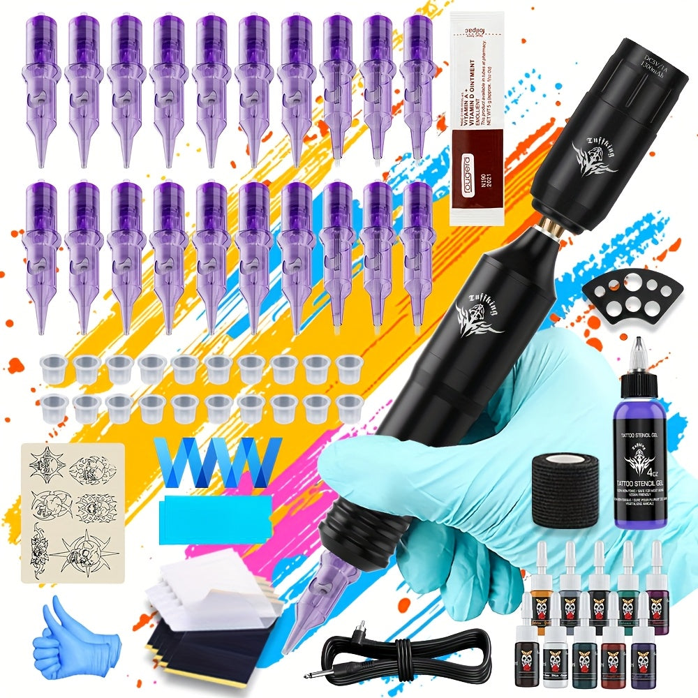 Rotary Tattoo Machine Kit 67pcs – Complete Wireless Tattoo Pen Set with Cartridge Needles, Power Supply, Practice Skin, Inks & Transfer Paper for Beginners & Artists