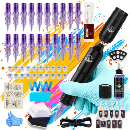 Rotary Tattoo Machine Kit 67pcs – Complete Wireless Tattoo Pen Set with Cartridge Needles, Power Supply, Practice Skin, Inks & Transfer Paper for Beginners & Artists