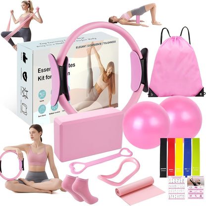 Pilates Kit for Women 14-in-1 – Pilates Ring, 2 Balls, 5 Resistance Bands & Yoga Block for Full Body Core & Flexibility Training, Portable Home Pilates Set