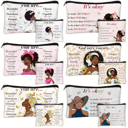 African American Makeup Bag 12-Pack Bulk Gift Set Inspirational African Queen Zipper Travel Cosmetic Pouch Toiletry Organizer for Black Women Birthday Church Sorority