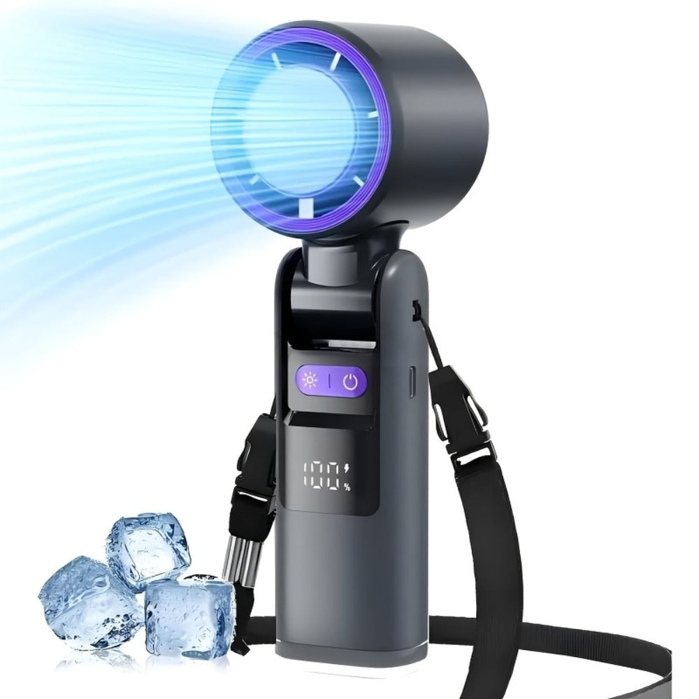 Handheld Ice Pack Fan High-Speed Semiconductor Cooling | 100-Speed Digital Display Turbo Fan with LED Light, Foldable Portable Design for Outdoor, Travel & Daily Use – Purple, Beige, Pink, Black & White