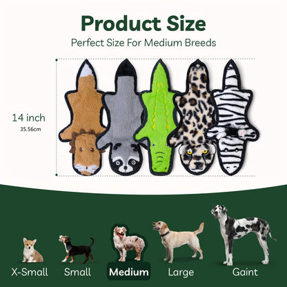 Crinkle Squeaky No Stuffing Dog Toys 5 Pack - Dual Sound Plush Chew Toys for Aggressive Chewers, 6 Tough Layer Durable Teething Toys for Small Medium Large Dogs, Safe Embroidered Eyes, Animal Designs