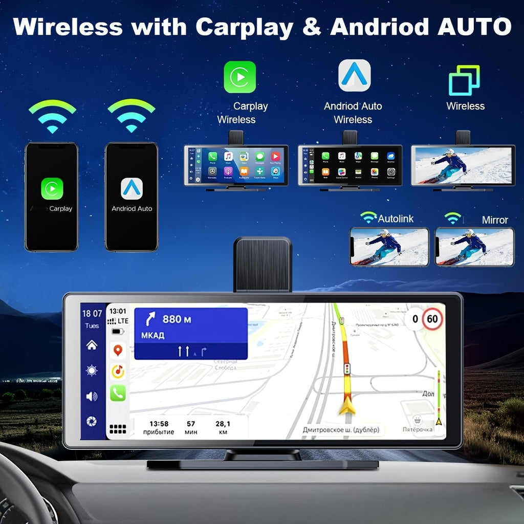 10.26" HD Wireless Car Stereo Compatible with Carplay & Android Auto, Featuring a Portable Touch Screen for Vehicles, 4K Dash Cam, 1080P Backup Camera, Google, Siri, Mirror Link, GPS Navigation, Aux, FM Transmitter