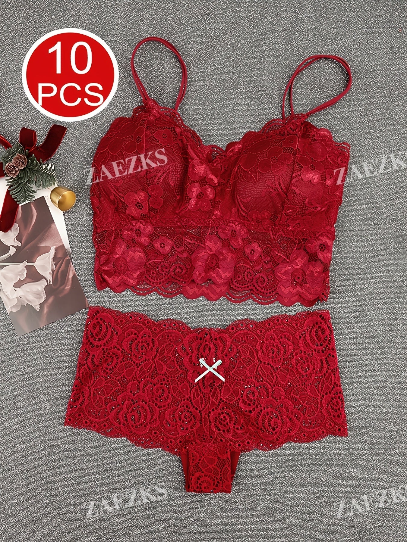 10-Pack Women's Bra and Panty Lingerie Set - Floral Lace Coordinated Style