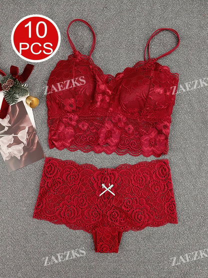 10-Pack Women's Bra and Panty Lingerie Set - Floral Lace Coordinated Style