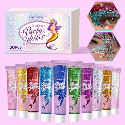Face Body Glitter Gel Set 30 Pieces — Colorful Shapes Mermaid Sequin Stars Hearts, Transparent Gel Base, Skin-Safe Shimmer Makeup for Festivals, Raves, Halloween, Cosplay & Parties