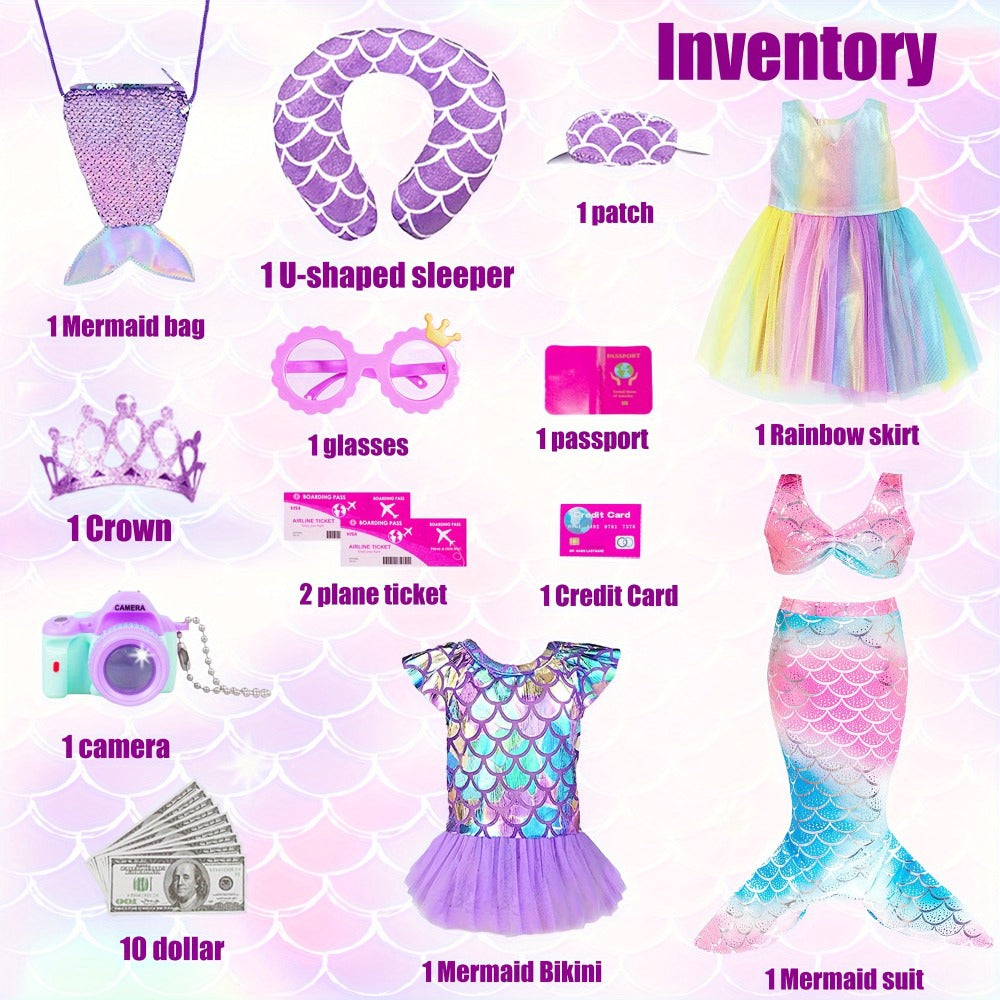 18 Inch Doll Mermaid Accessories Set 20 Pcs – Mermaid Skirt Top Crown Luggage Camera Passport Bank Card Glasses & Tickets, Fits American Girl Dolls Ocean Travel Gift for Girls Ages 3+ No Doll