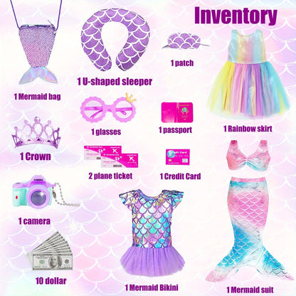 18 Inch Doll Mermaid Accessories Set 20 Pcs – Mermaid Skirt Top Crown Luggage Camera Passport Bank Card Glasses & Tickets, Fits American Girl Dolls Ocean Travel Gift for Girls Ages 3+ No Doll