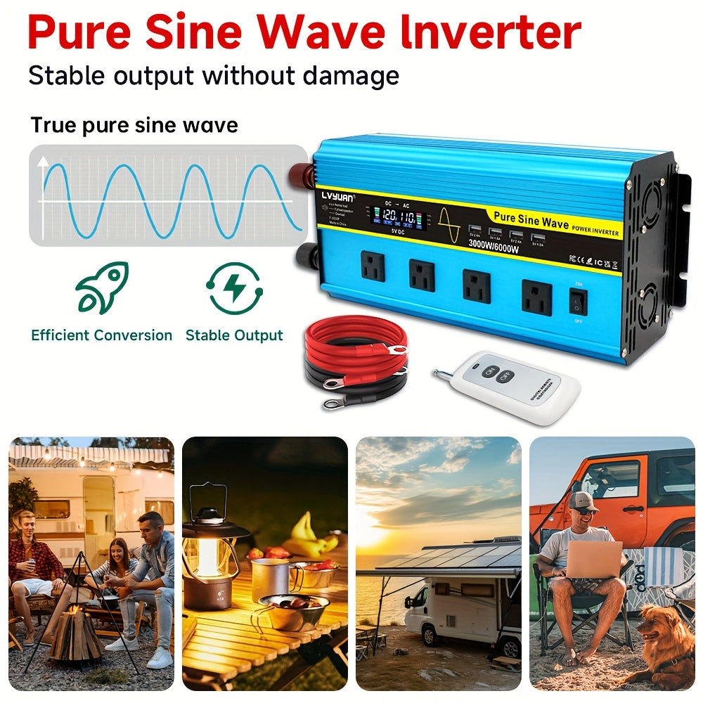 LVYUAN Pure Sine Wave Inverter 3000 Watt/6000W(Peak)Inverter 12V to 110V DC to AC with Remote Controller, LCD Display 4 AC Sockets And 4 USB Charge Ports for Home Car Truck Solar System