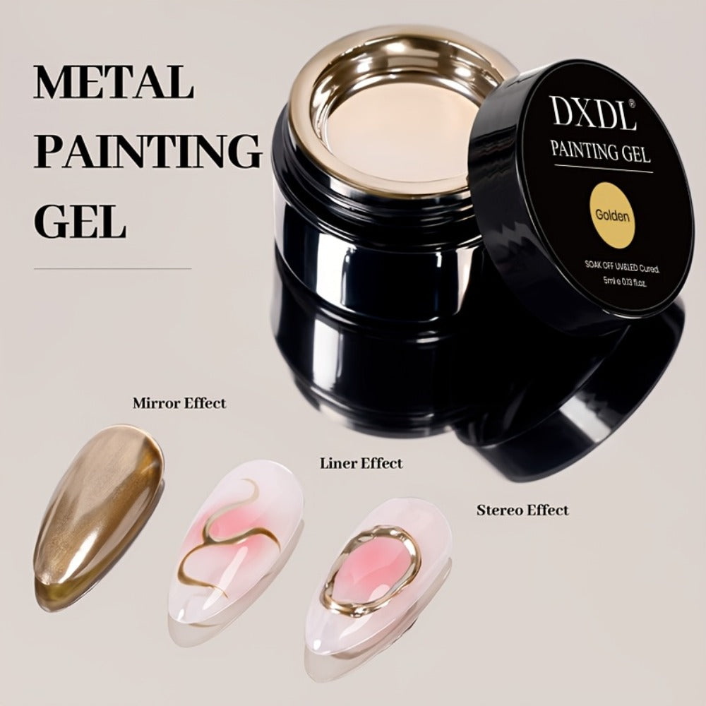 Chrome Mirror Nail Art Liner Gel Set 2pcs Gold & Silver – 3D Metallic Mirror Effect Soak-Off Painting Gel, French Tip & Nail Art Drawing Gel 5ml, Salon & Home Manicure Women