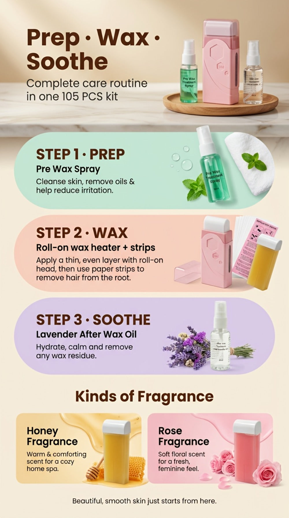 Roll On Wax Kit 105 Piece Complete Home Waxing Set - 2 Roll On Wax Rollers, Wax Warmer, 100 Waxing Strips, Lavender Oil & Pre-Post Spray - Pro Hair Removal for Face Brazilian Bikini Full Body Sensitive Skin