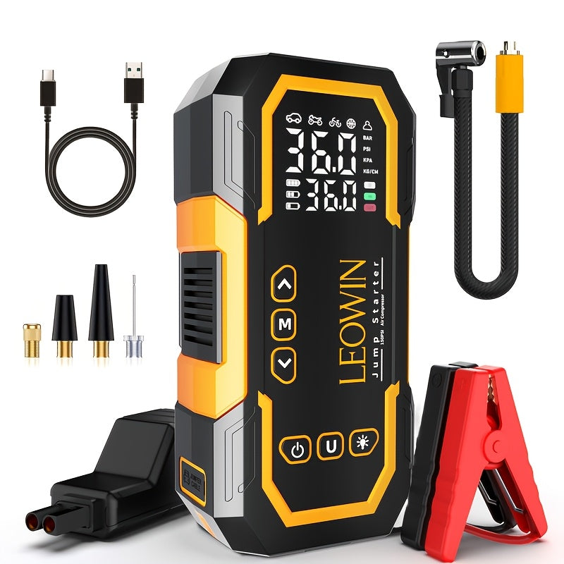Portable Car Battery Jump Starter with Air Compressor, 12V Battery Booster Pack (9.0 Gas/1.72gal Diesel) with 150PSI Auto-Shutoff Tire Inflator, Jump Box with Smart Clamps, Jumper Cables, USB Input/output, LED Emergency, Car Accessories Tools