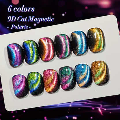 Cat Eye Gel Nail Polish Set 6 Colors 9D Magnetic Polaris Glass Water Light Effect - Semi-Permanent Soak Off LED UV Gel 0.34oz Each - Long Lasting Shimmer Nail Art for Women Salon Home DIY