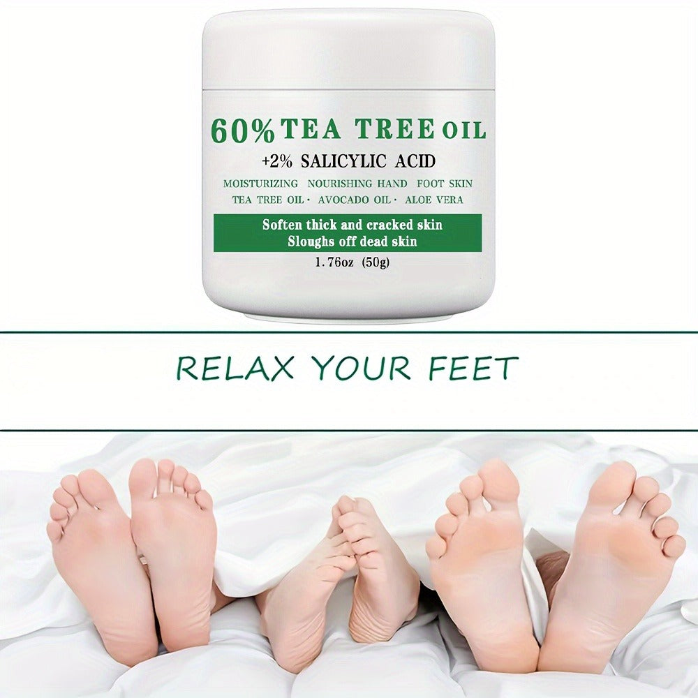Tea Tree Oil Foot Cream 50g - 60% Tea Tree Oil & 2% Salicylic Acid Foot Balm for Dry Cracked Heels & Calluses, Aloe Vera & Mint Cooling Nourishing Foot Care Treatment