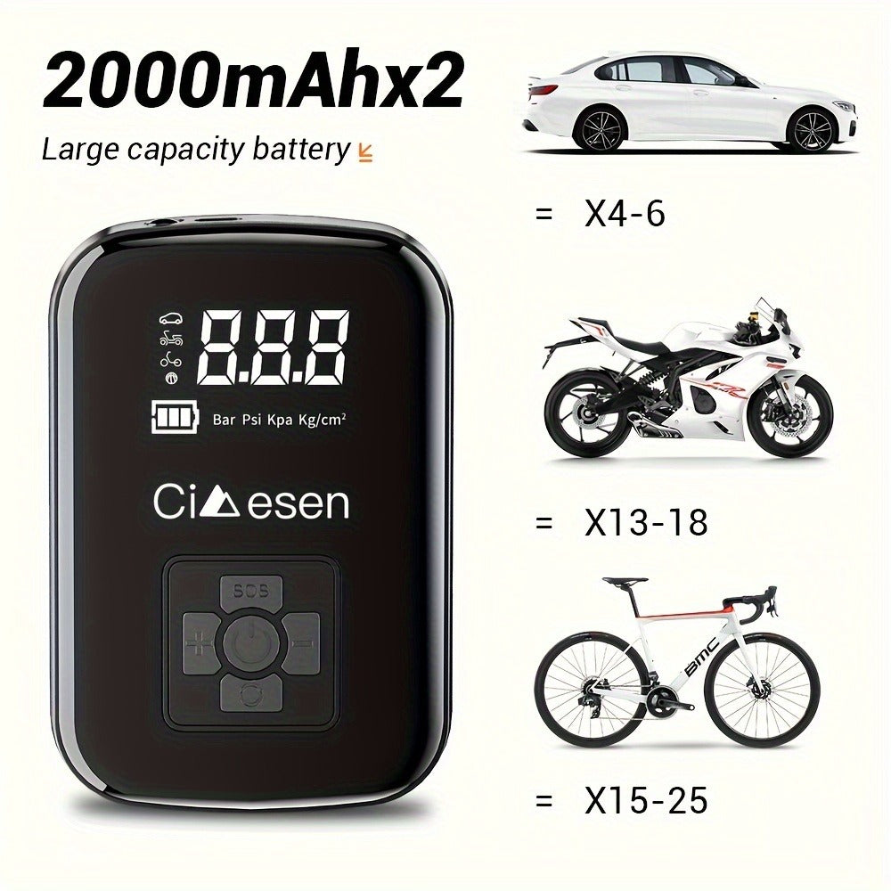Portable Tire Inflator Air Compressor 150PSI 100W Cordless 4000mAh Digital Display 5 Modes USB-C Fast Charge for Car Motorcycle Bicycle Ball Auto Shut-Off Yellow Blue Black Silver