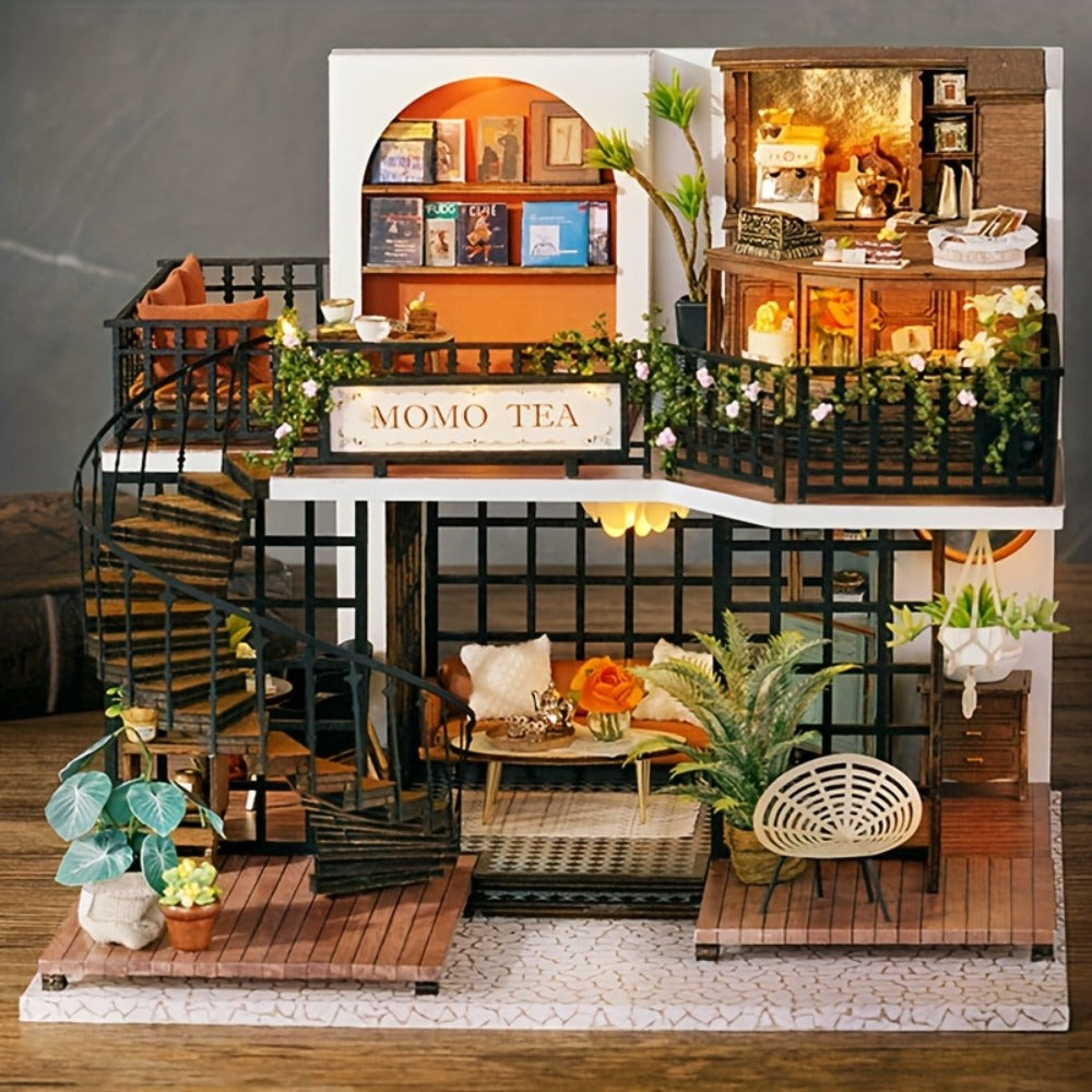 3D Wooden Miniature House Puzzle Model Kit Jungle Momo Tea – Handmade Retro DIY Craft No Glue No Battery Scene Building for Adults Teens Birthday Christmas Valentine Gift for Her
