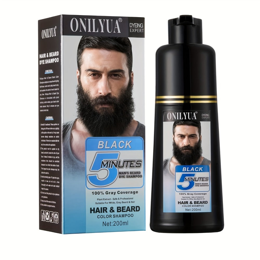 Beard Dye Shampoo for Men 2-in-1 Hair & Beard Grey Coverage Argan Oil No-Mix Formula – Fast 5-20 Min Long-Lasting Natural Color 6.76 oz Mustache Goatee Facial Hair