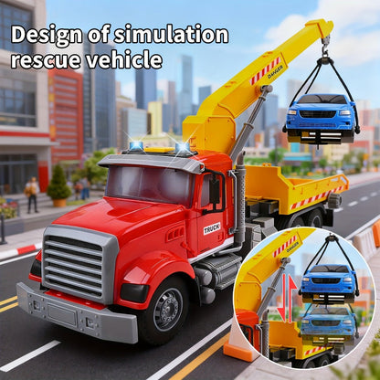13-Inch Tow Truck Toy with Lights & Sounds – Friction Powered Transport Crane Truck for Boys Ages 3 4 5 6, Movable Arm & Towing Ramp, Birthday Christmas Gift