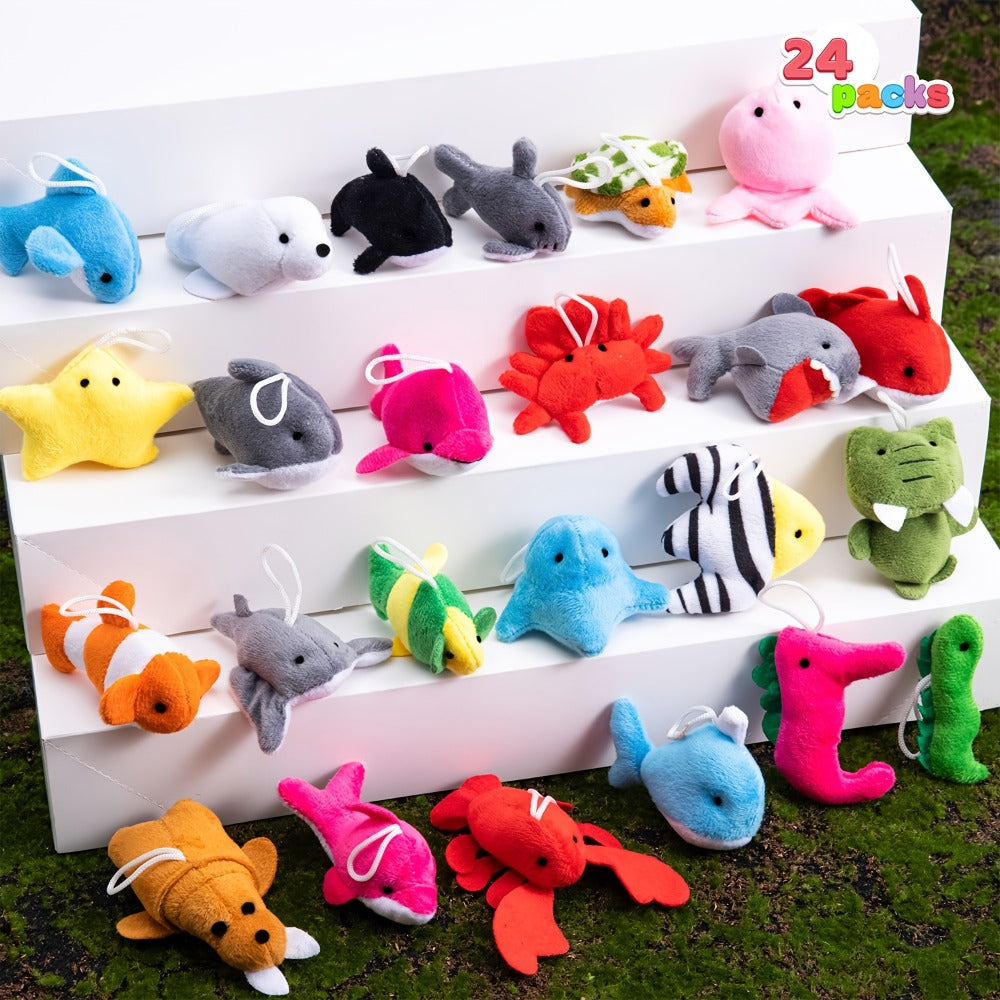 Mini Sea Animal Plush Toys Bulk 24 Pack – Stuffed Ocean Animal Keychain Set for Party Favors, Pinata Fillers, Goodie Bag Stuffers, Easter Basket Fillers, Classroom Prizes, Birthday Christmas Gifts for Kids