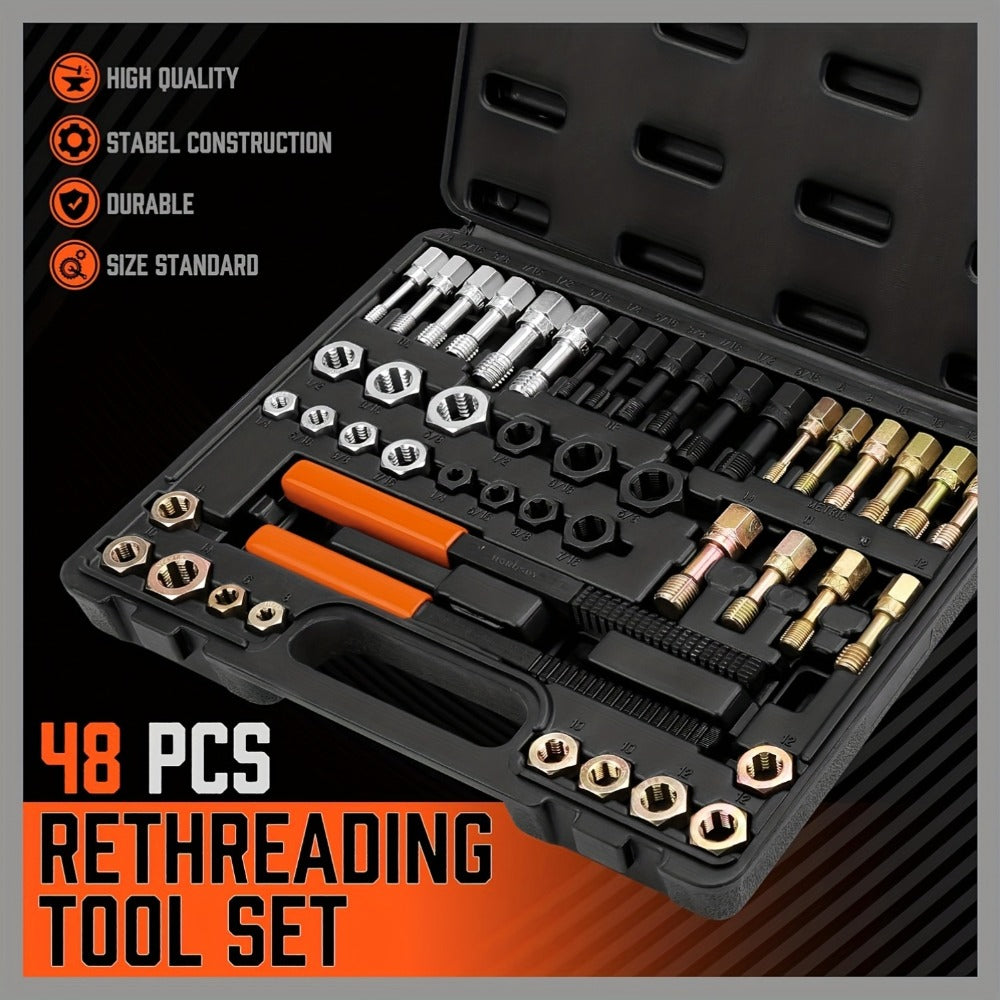 Thread Repair Kit 48-Piece – UNF UNC & Metric Tap and Die Rethreading Set, SAE & Metric Thread Chaser for Bolt & Nut Repair, Color-Coded with Storage Case