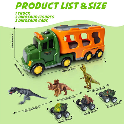 Dinosaur Transport Truck Toy Set with Lights & Sounds – 7-in-1 Dino Carrier with 3 Dinosaur Figures & 3 Monster Cars for Boys Girls Ages 3+, Battery Powered, Birthday Christmas Gift
