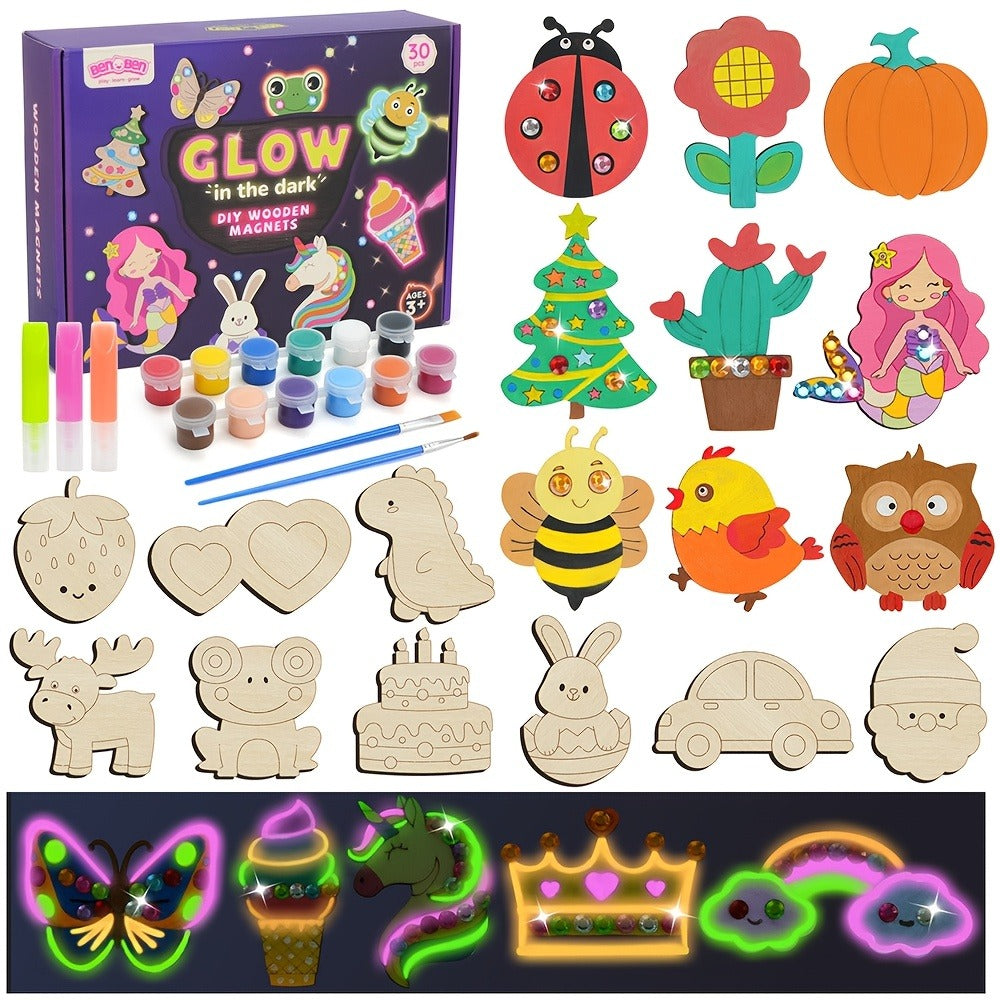 Glow in the Dark Craft Kit for Kids – 30pcs DIY Wooden Fridge Magnets Painting Set with Gem Stickers, Wood Art Activity, Party Favor Birthday Christmas Gift for Girls Boys Ages 6+