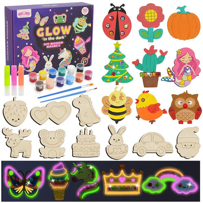 Glow in the Dark Craft Kit for Kids – 30pcs DIY Wooden Fridge Magnets Painting Set with Gem Stickers, Wood Art Activity, Party Favor Birthday Christmas Gift for Girls Boys Ages 6+