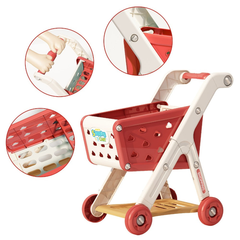 Kids Pretend Play Shopping Cart Toy Set with Realistic Food & Grocery Accessories – Supermarket Role Play for Toddlers Girls Boys Ages 3+, Blue, Birthday Christmas Gift