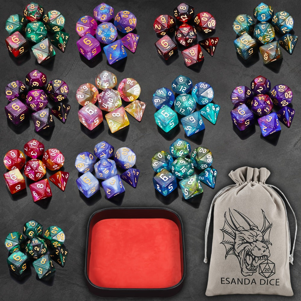 DnD Polyhedral Dice Set 84pcs – Starry Night Glitter Dice with Pouch & Tray for D&D RPG MTG Tabletop Games, Complete 12-Color Collection, Gift for Gamers