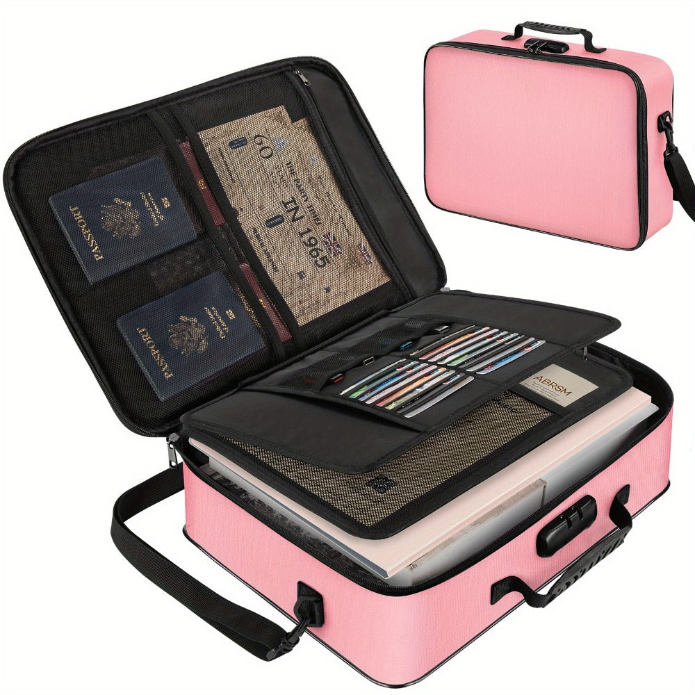 Fireproof Document Bag with Combination Lock - 17x11.8x5 Inch Waterproof File Organizer, 2000°F Fireproof, Multi-Layer Storage for Passport Cash Laptop, 3 Carry Methods, for Travel Home Office, Black/Pink/Blue