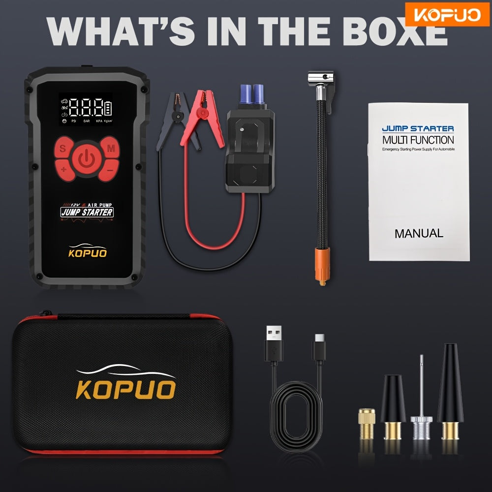KOPUO 20000A Peak 12V Jump Box, Optional 6000A Jump Starter, Heavy Duty Car Jump Starter And Air Compressor, 150PSI Cordless Tire Inflator with Digital Gauge, All-in-One for 2.64gal Gas/2.11gal Diesel Vehicle, 3-Mode LED Light Camping Emergency