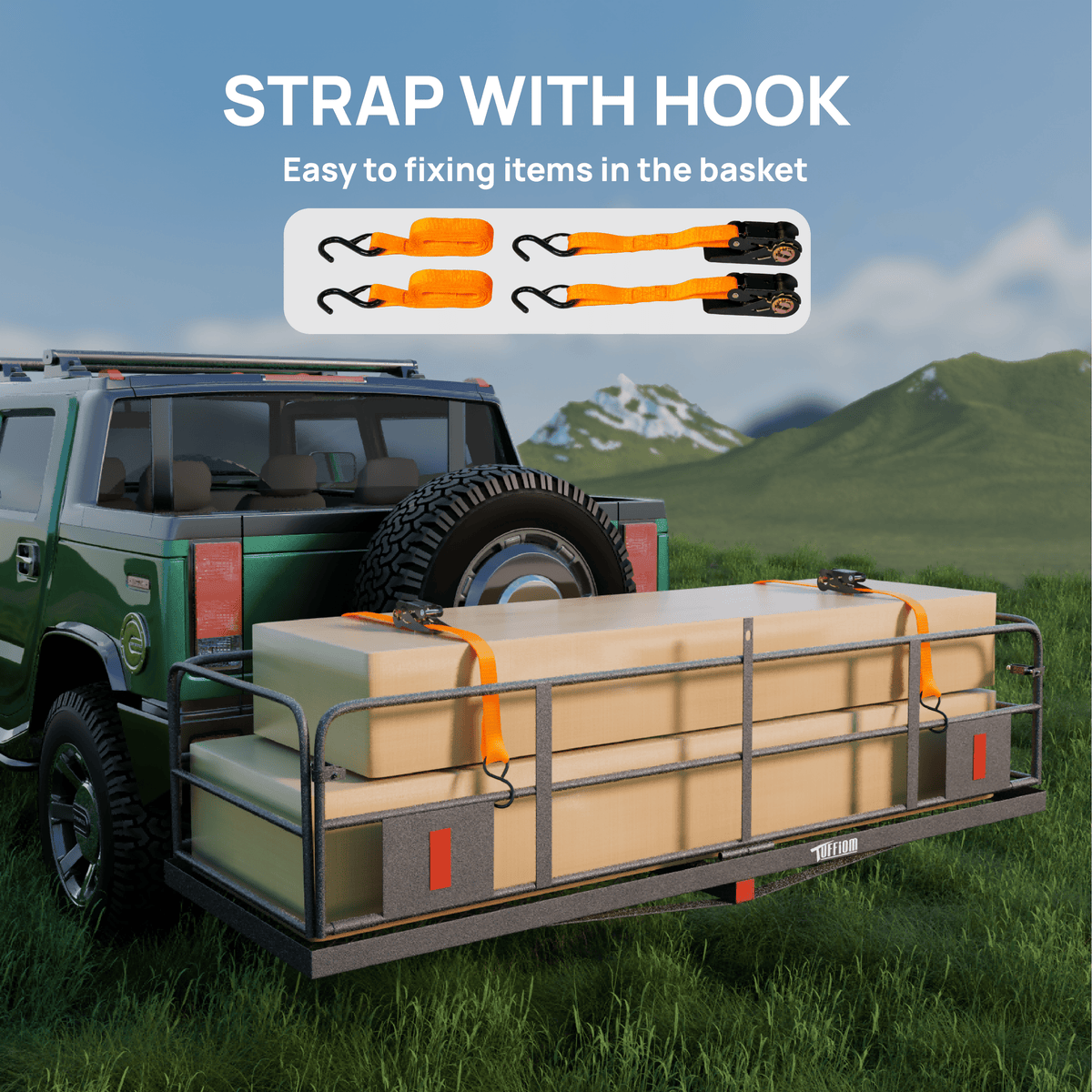 60" L x 20/24" W x 6" H Hitch Mount Cargo Carrier Folding Rack, 500lbs Heavy Duty Trailer Steel Luggage Basket with Waterproof Cargo Bag, Straps, Net & Stabilizer for Camping Travel