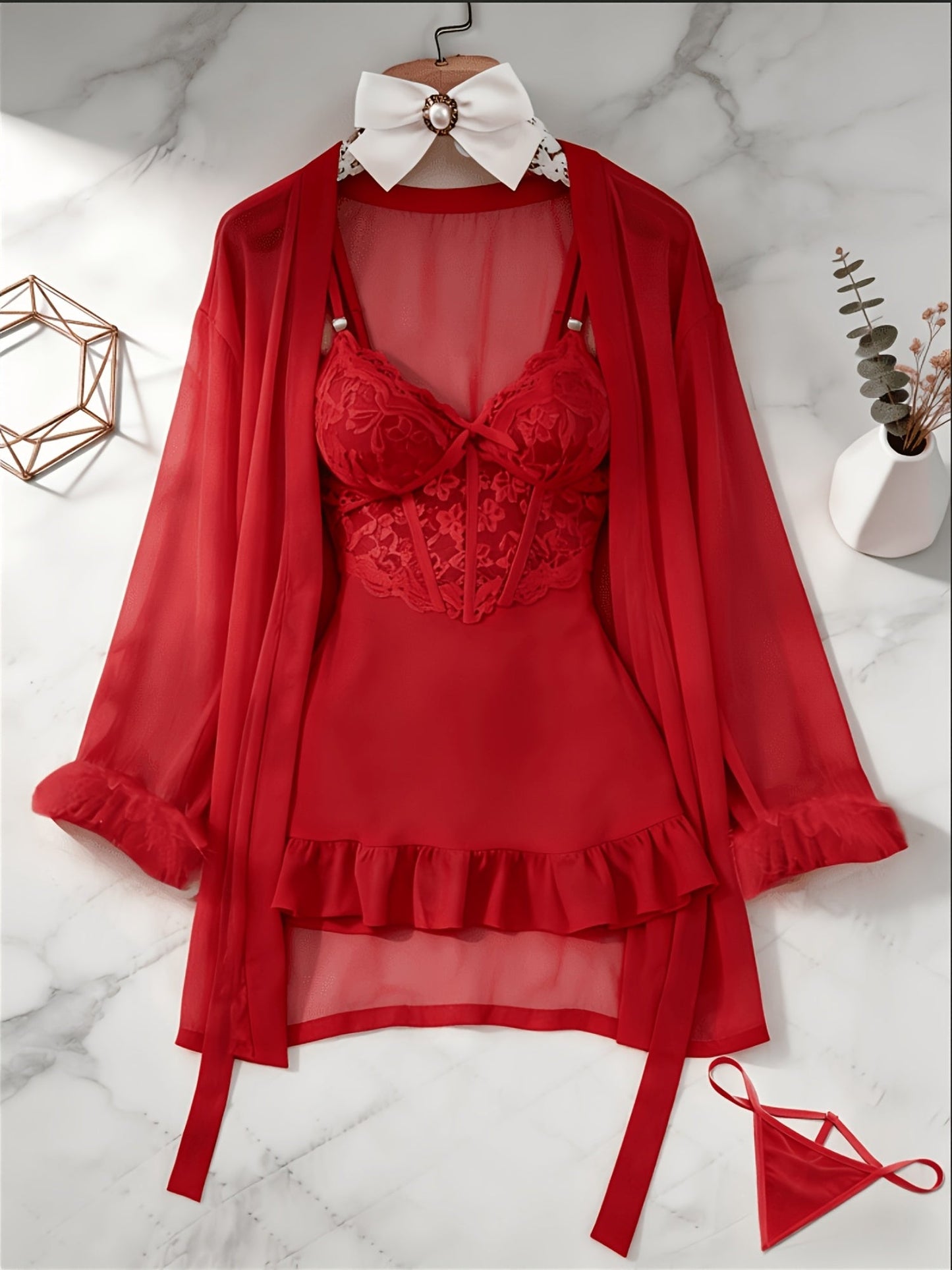 Women's 3-Piece Sheer Lace Babydoll Set - Robe and Panty