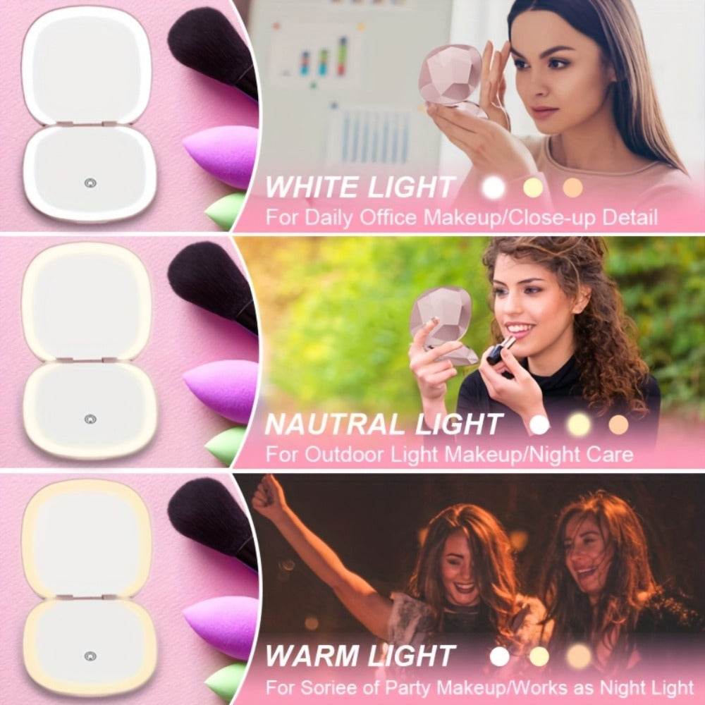 LED Makeup Mirror with 5X Magnification & 3 Color Lights - Dual Sided 1X 5X Lighted Vanity Mirror, Portable Compact Travel Mirror for Women, Purse Desk Office Gift