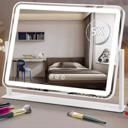 Lighted Makeup Mirror with 5X Magnification - LED Vanity Mirror with 3-Color Adjustable Lighting, Smart Touch Control, 360° Rotation, Tabletop Illuminated Mirror for Dressing Table, Makeup Desk & Bathroom