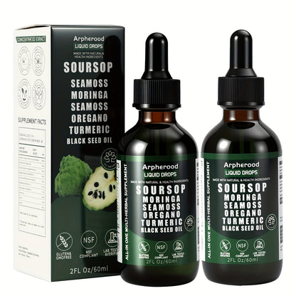 Soursop Graviola Liquid Drops 2 Fl Oz – Leaf & Fruit Blend with Sea Moss, Elderberry & Black Seed Oil | High-Potency Oral Drops for Immune Support, Digestive Health & Liver Wellness | Glass Bottle | Pack of 1, 2 or 3