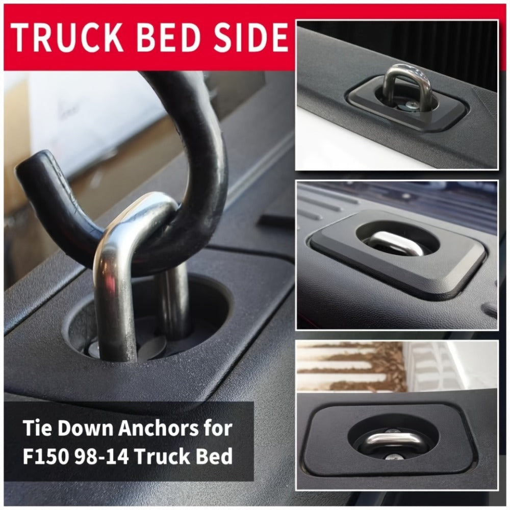 Truck Bed D-Ring Tie Down Anchors – Stainless Steel, No-Drill Install, Fits Ford F150 ‘98-’14, Super Duty ‘98-’16, Dodge RAM ‘95-’08, Chevy Silverado & GMC Sierra ‘88-’13 (2pc Set)