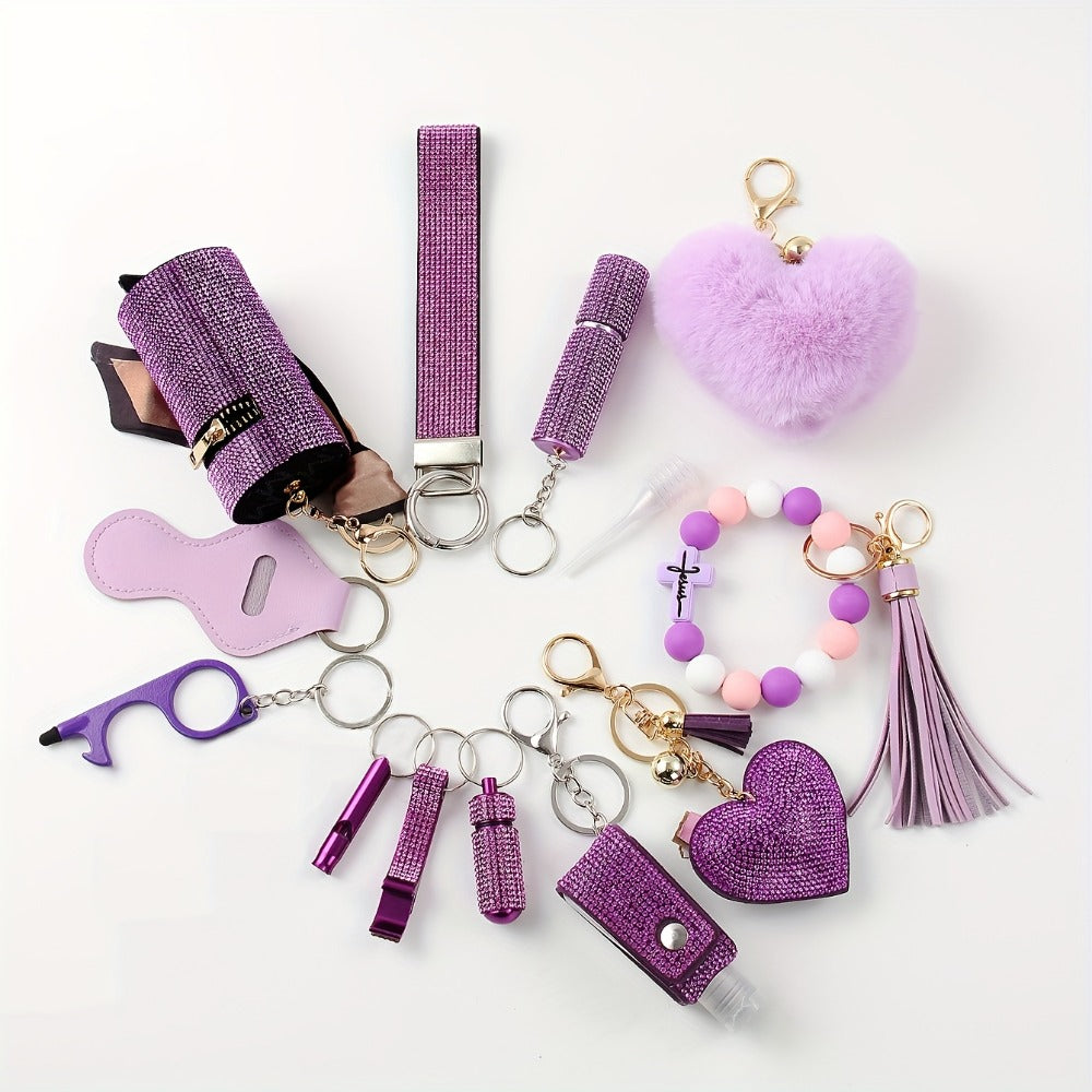 Rhinestone Keychain Set for Women 13-Piece – Safety Gadgets with Window Breaker Whistle Hand Sanitizer Holder Perfume Bottle Beaded Bracelet PU Tassel, Holiday Birthday Gift Box