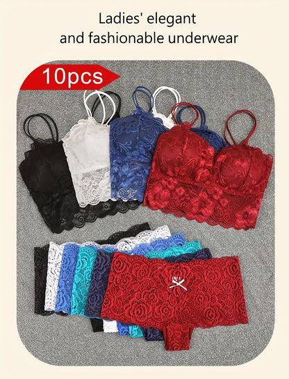 10-Pack Women's Bra and Panty Lingerie Set - Floral Lace Coordinated Style
