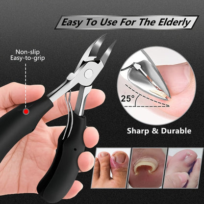 Nail Clippers Set 6 Piece Heavy Duty for Thick Toenails & Ingrown Nails – Ultra-Wide Slanted Blades Toenail Lifter Nail File Large Cutter, Ergonomic Pedicure Kit for Men Seniors