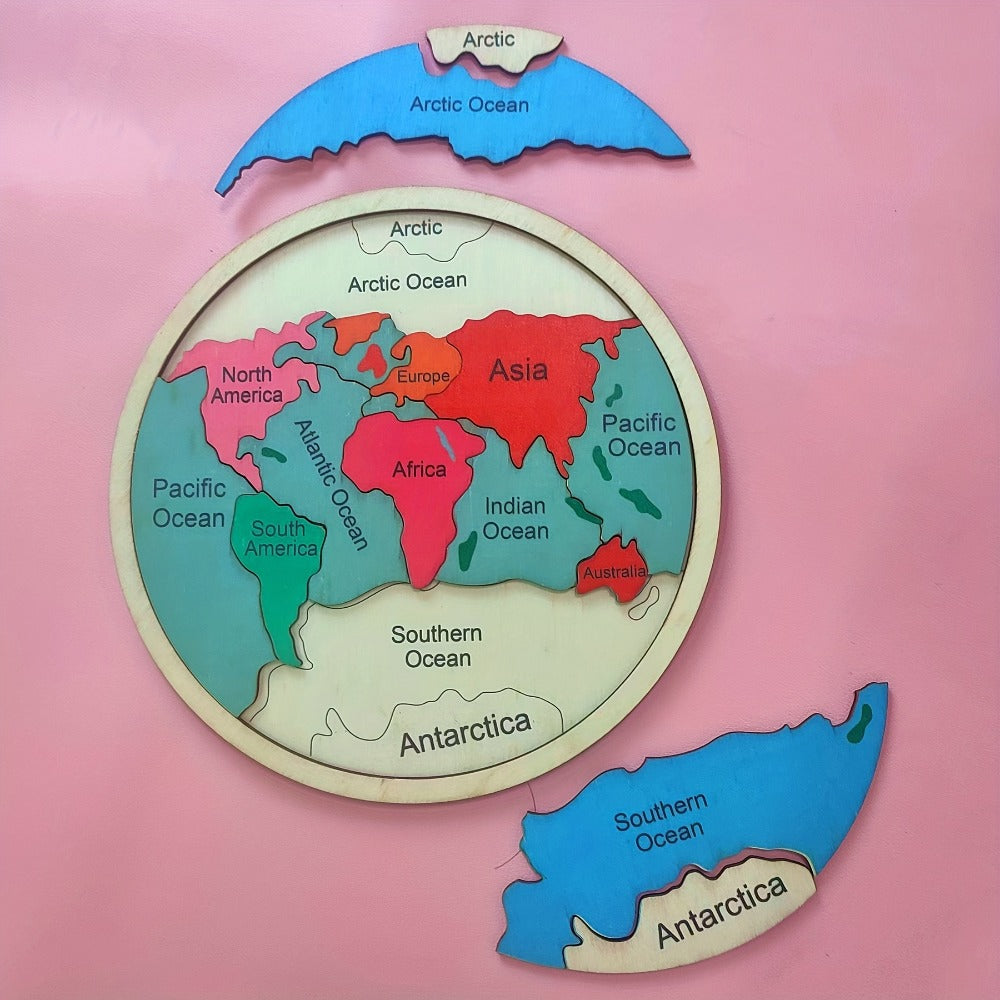 Wooden World Map Puzzle for Kids – Seven Continents Geography Learning Toy, Colorful STEM Educational Puzzle, Montessori Gift for Boys & Girls Ages 3+, 7.8"x7.8"