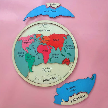 Wooden World Map Puzzle for Kids – Seven Continents Geography Learning Toy, Colorful STEM Educational Puzzle, Montessori Gift for Boys & Girls Ages 3+, 7.8"x7.8"