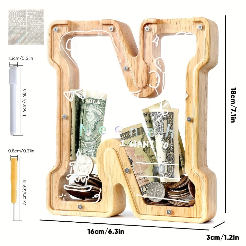 Alphabet Wooden Money Bank for Adults A to Z Letter Piggy Bank – Personalized Coin Bank Home Decor Craft Art Decoration, Ideal Gift for Ages 14 and Up