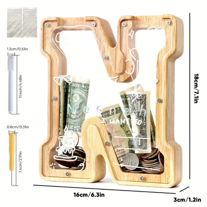 Alphabet Wooden Money Bank for Adults A to Z Letter Piggy Bank – Personalized Coin Bank Home Decor Craft Art Decoration, Ideal Gift for Ages 14 and Up